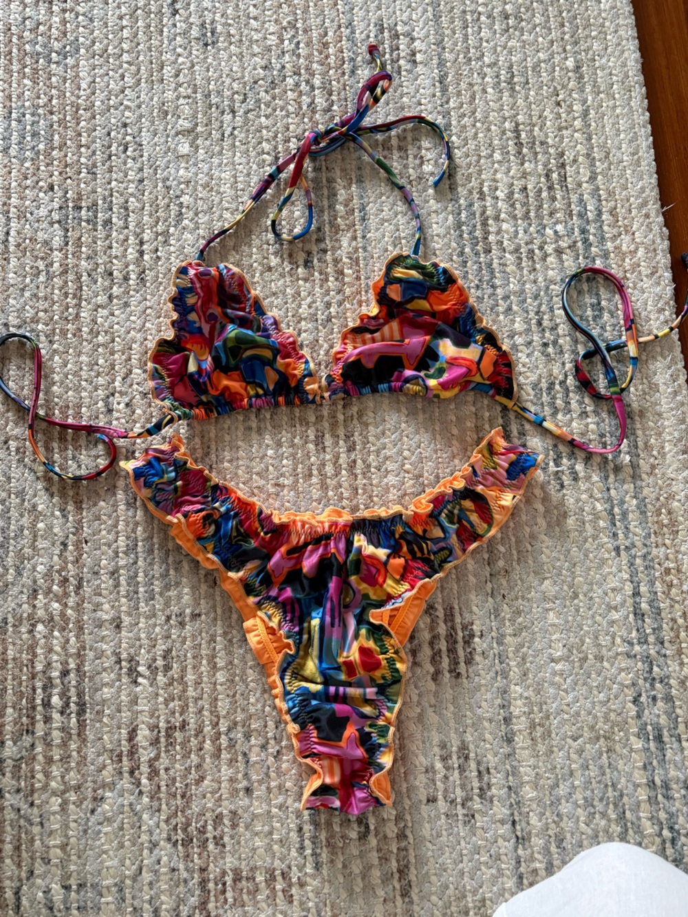 Strawberry Milk Mob Multicolor Ruffled Bikini with Orange Trim